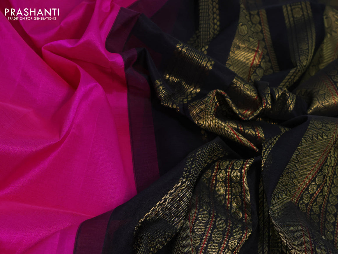 Silk cotton saree magenta pink and black with plain body and zari woven korvai border