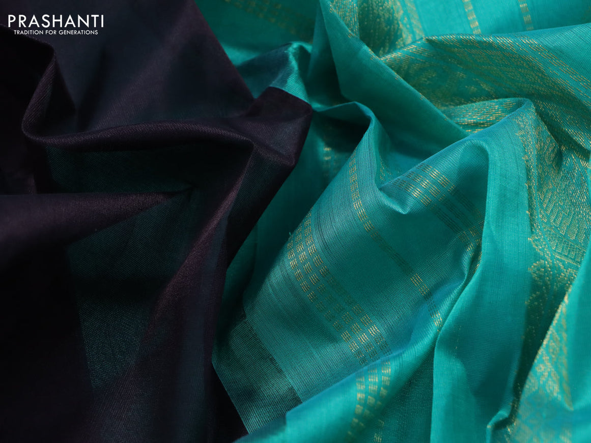 Silk cotton saree dark coffee brown and teal green with plain body and zari woven korvai border