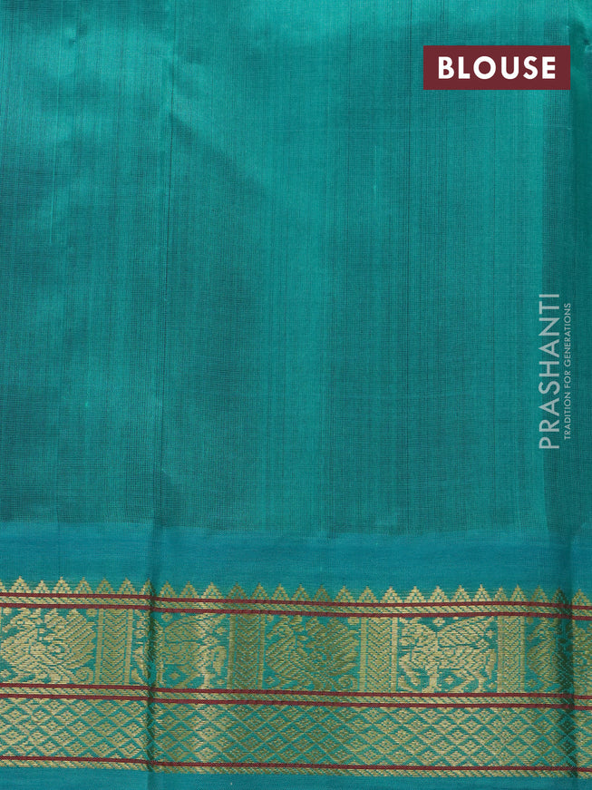 Silk cotton saree dark coffee brown and teal green with plain body and zari woven korvai border