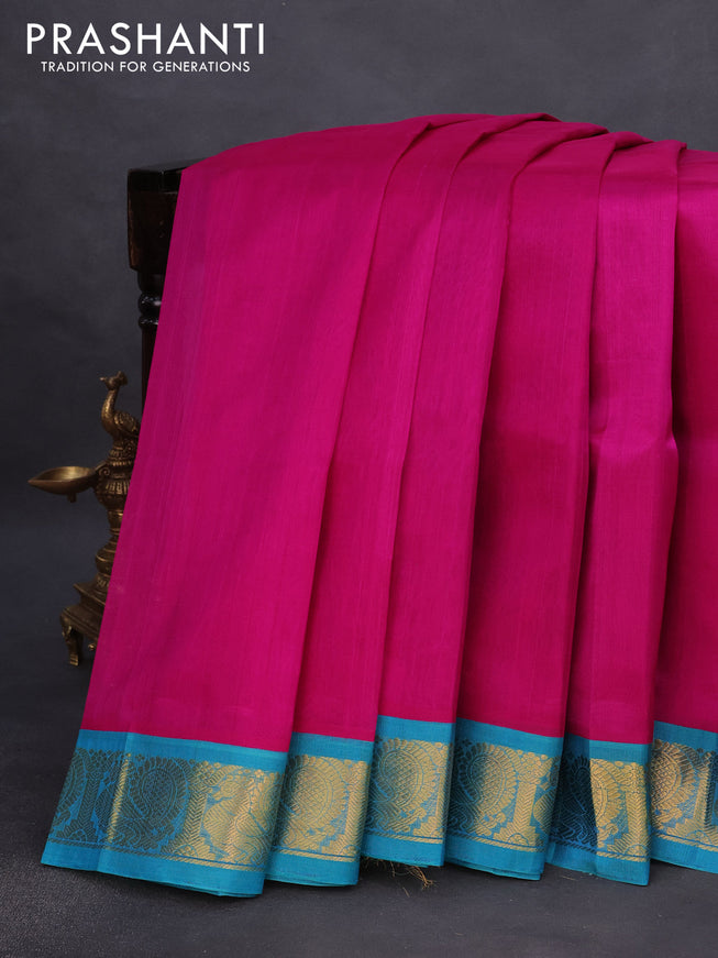 Silk cotton saree dark pink and dual shade of teal blue with plain body and annam zari woven korvai border