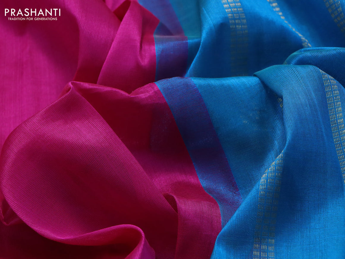 Silk cotton saree dark pink and dual shade of teal blue with plain body and annam zari woven korvai border