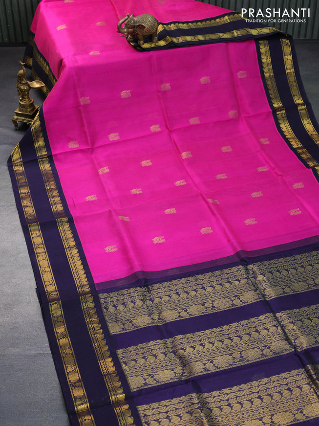 Silk cotton saree dark pink and navy blue with annam zari woven buttas and rettapet zari woven korvai border