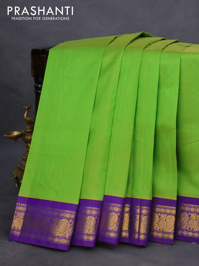 Silk cotton saree light green and violet with plain body and annam zari woven korvai border