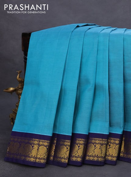 Silk cotton saree blue and navy blue with plain body and annam zari woven korvai border