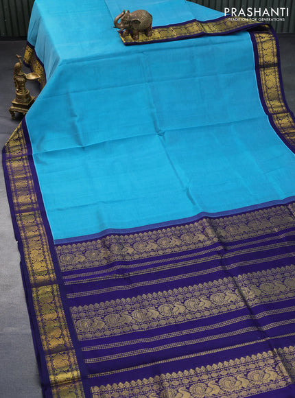 Silk cotton saree blue and navy blue with plain body and annam zari woven korvai border