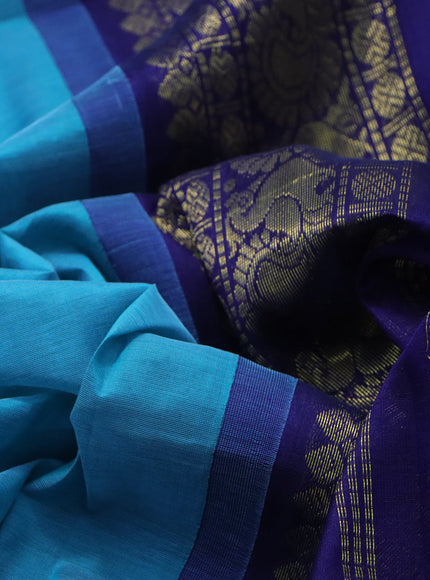 Silk cotton saree blue and navy blue with plain body and annam zari woven korvai border