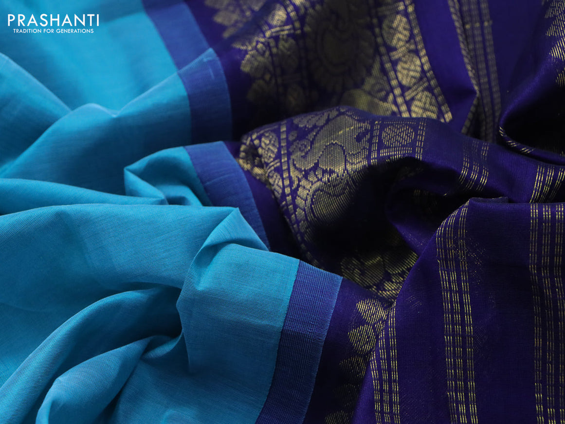 Silk cotton saree blue and navy blue with plain body and annam zari woven korvai border