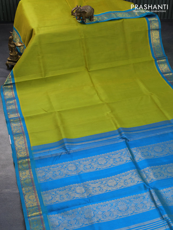 Silk cotton saree light green and dual shade of cs blue with plain body and zari woven korvai border