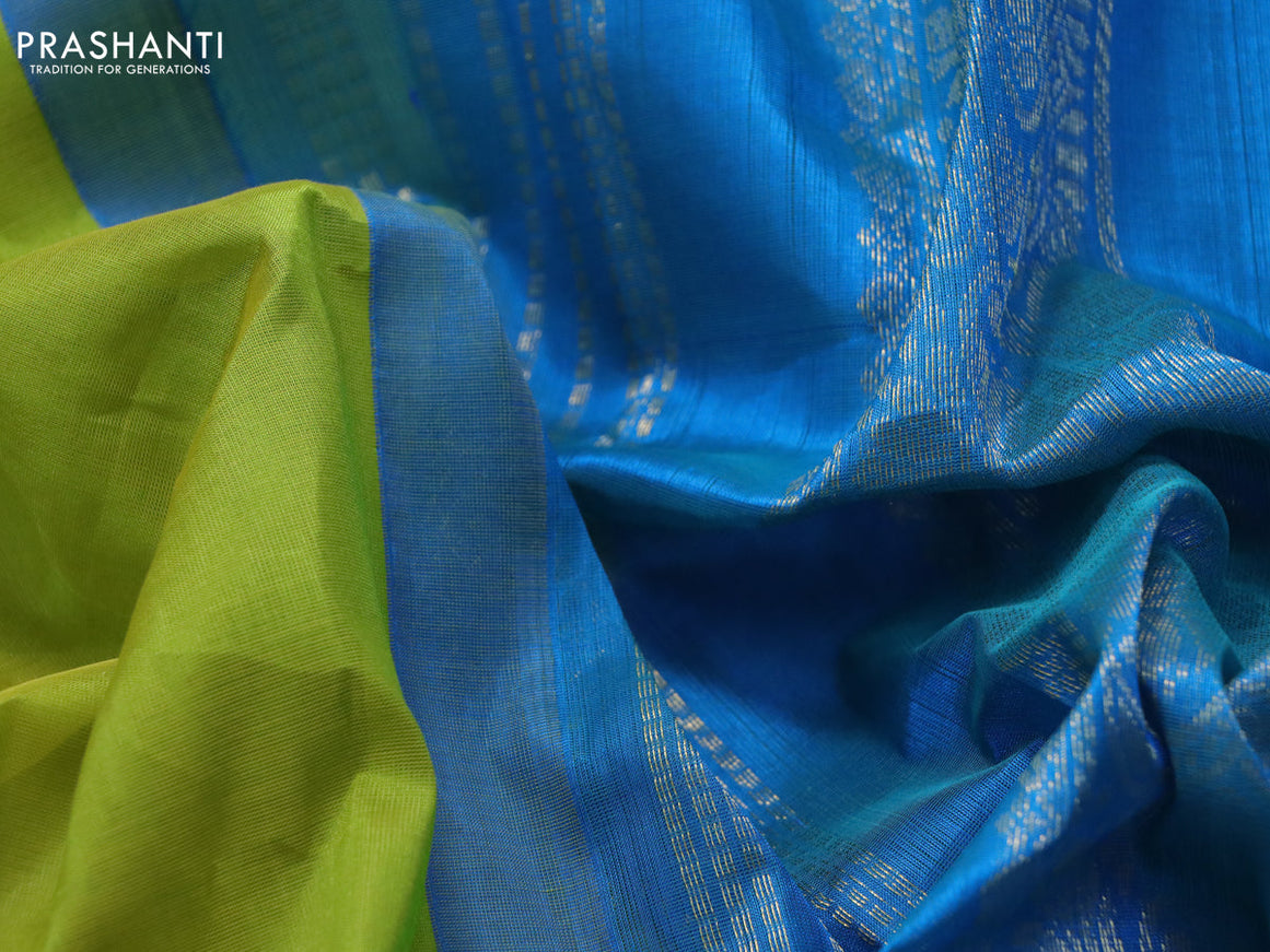 Silk cotton saree light green and dual shade of cs blue with plain body and zari woven korvai border