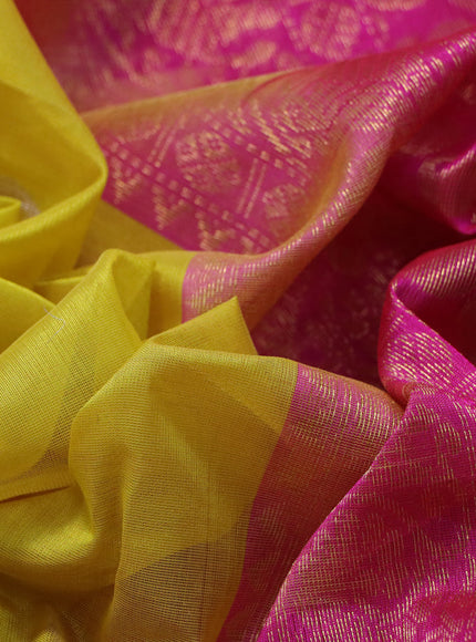 Silk cotton saree yellow and pink with zari woven annam buttas and zari woven korvai border