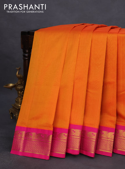 Silk cotton saree dual shade of mango yellow and pink with plain body and zari woven korvai border