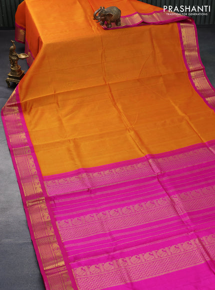 Silk cotton saree dual shade of mango yellow and pink with plain body and zari woven korvai border