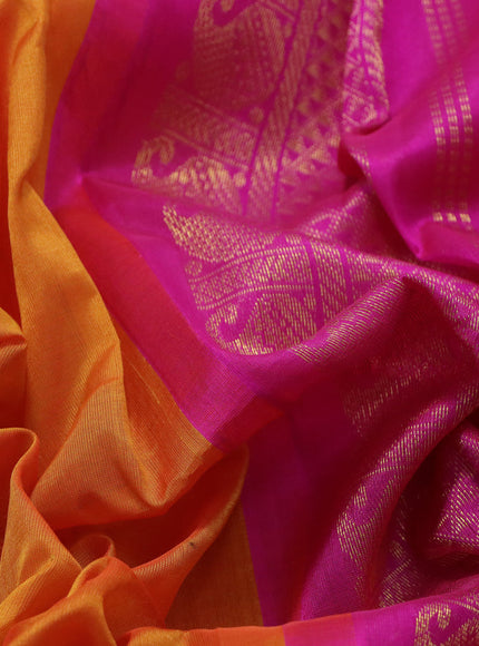 Silk cotton saree dual shade of mango yellow and pink with plain body and zari woven korvai border