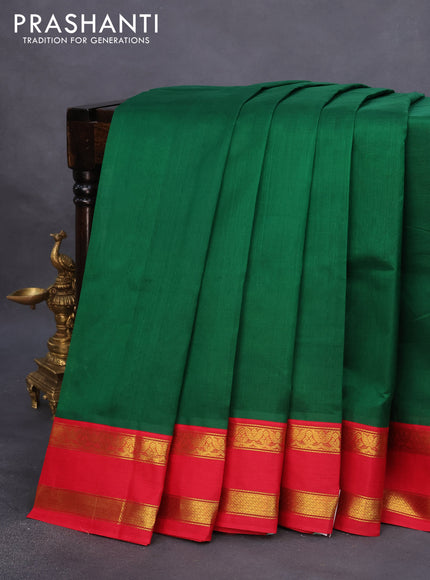 Silk cotton saree dark green and red with plain body and rettapet zari woven korvai border