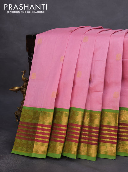 Silk cotton saree light pink and light green with elephant zari woven buttas and rich long zari woven korvai border