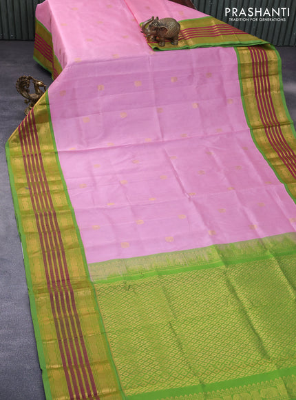 Silk cotton saree light pink and light green with elephant zari woven buttas and rich long zari woven korvai border