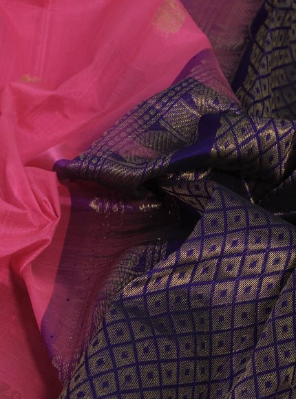 Silk cotton saree peach pink and navy blue with elephant zari woven buttas and rich long zari woven korvai border