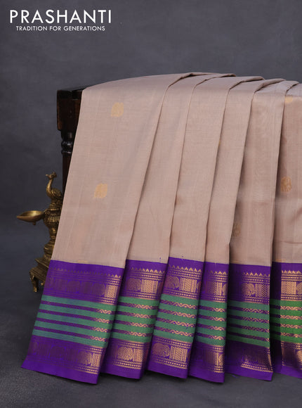 Silk cotton saree grey shade and violet with elephant zari woven buttas and rich long zari woven korvai border