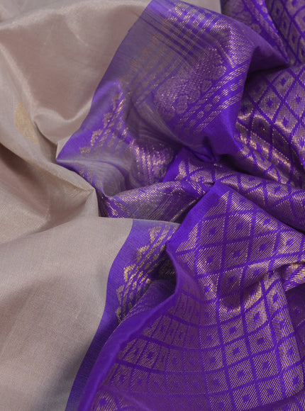 Silk cotton saree grey shade and violet with elephant zari woven buttas and rich long zari woven korvai border