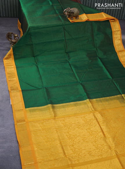 Silk cotton saree green and mustard yellow with allover vairosi pattern and rich zari woven korvai border