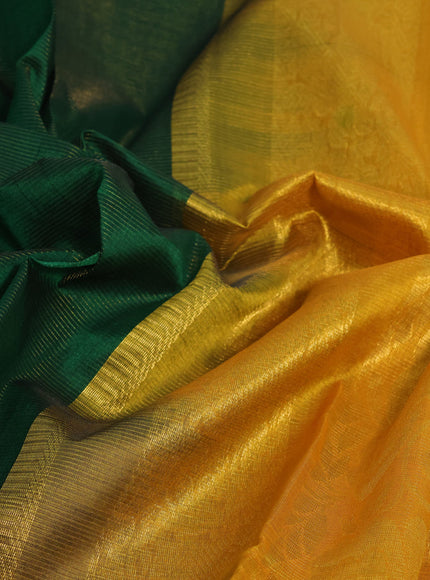 Silk cotton saree green and mustard yellow with allover vairosi pattern and rich zari woven korvai border