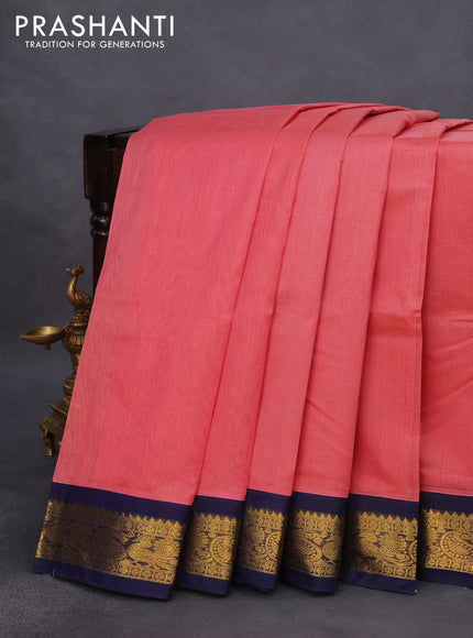 Silk cotton saree peach pink and dark blue with allover vairosi pattern and rich zari woven korvai border