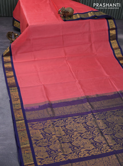 Silk cotton saree peach pink and dark blue with allover vairosi pattern and rich zari woven korvai border