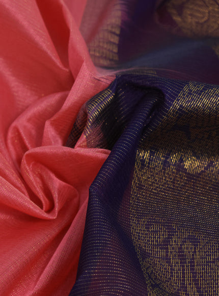 Silk cotton saree peach pink and dark blue with allover vairosi pattern and rich zari woven korvai border