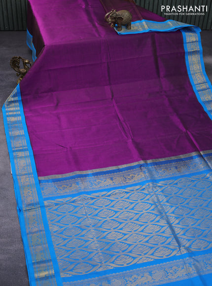 Silk cotton saree purple and cs blue with allover vairosi pattern and rich zari woven korvai border