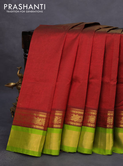 Silk cotton saree maroon and light green with allover vairosi pattern and rich zari woven korvai border