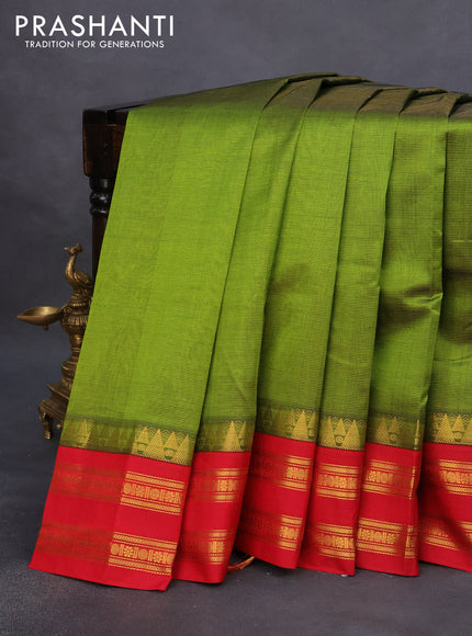 Silk cotton saree mehendi green and red with allover vairosi pattern and rich zari woven korvai border