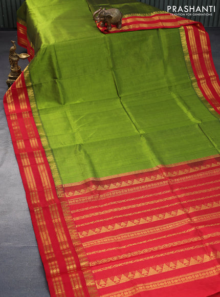 Silk cotton saree mehendi green and red with allover vairosi pattern and rich zari woven korvai border