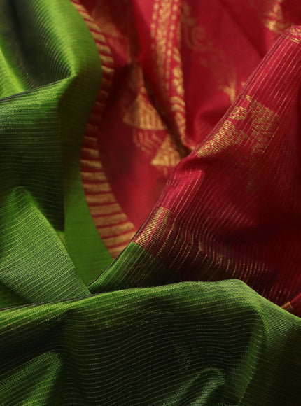 Silk cotton saree mehendi green and red with allover vairosi pattern and rich zari woven korvai border