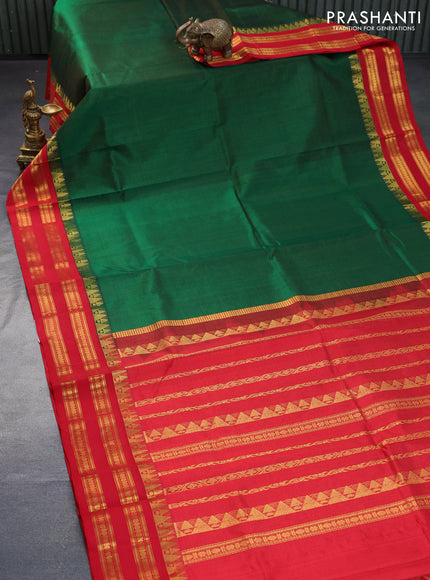 Silk cotton saree green and red with allover vairosi pattern and rich zari woven korvai border