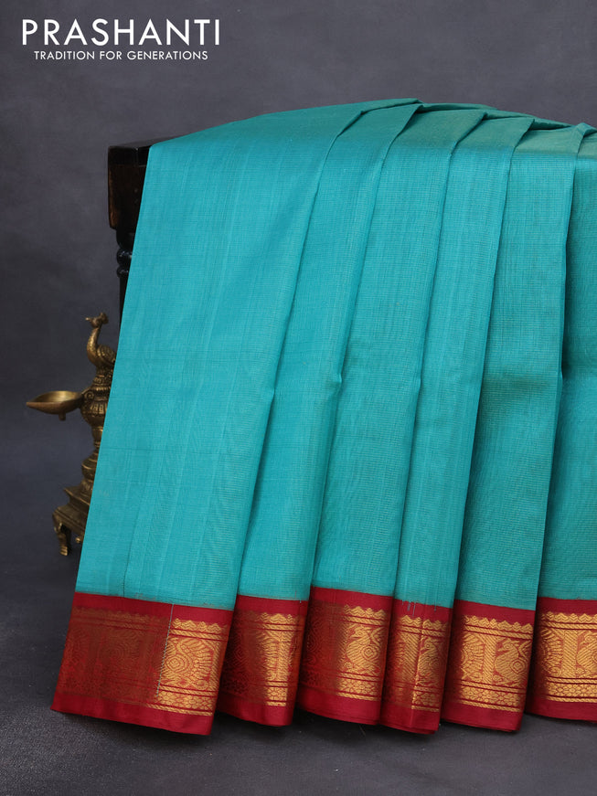 Silk cotton saree teal green shade and maroon with allover vairosi pattern and zari woven korvai border