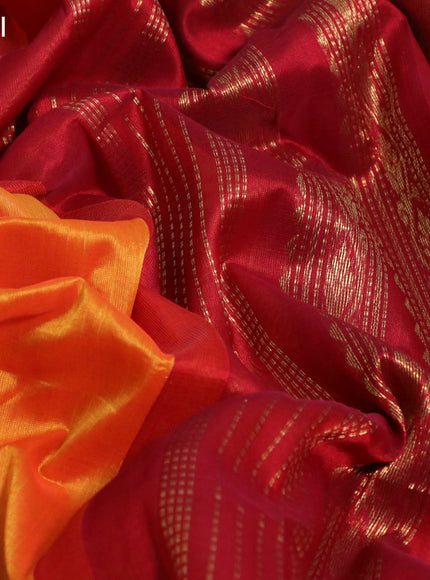 Silk cotton saree mango yellow and maroon with plain body and rettapet zari woven korvai border