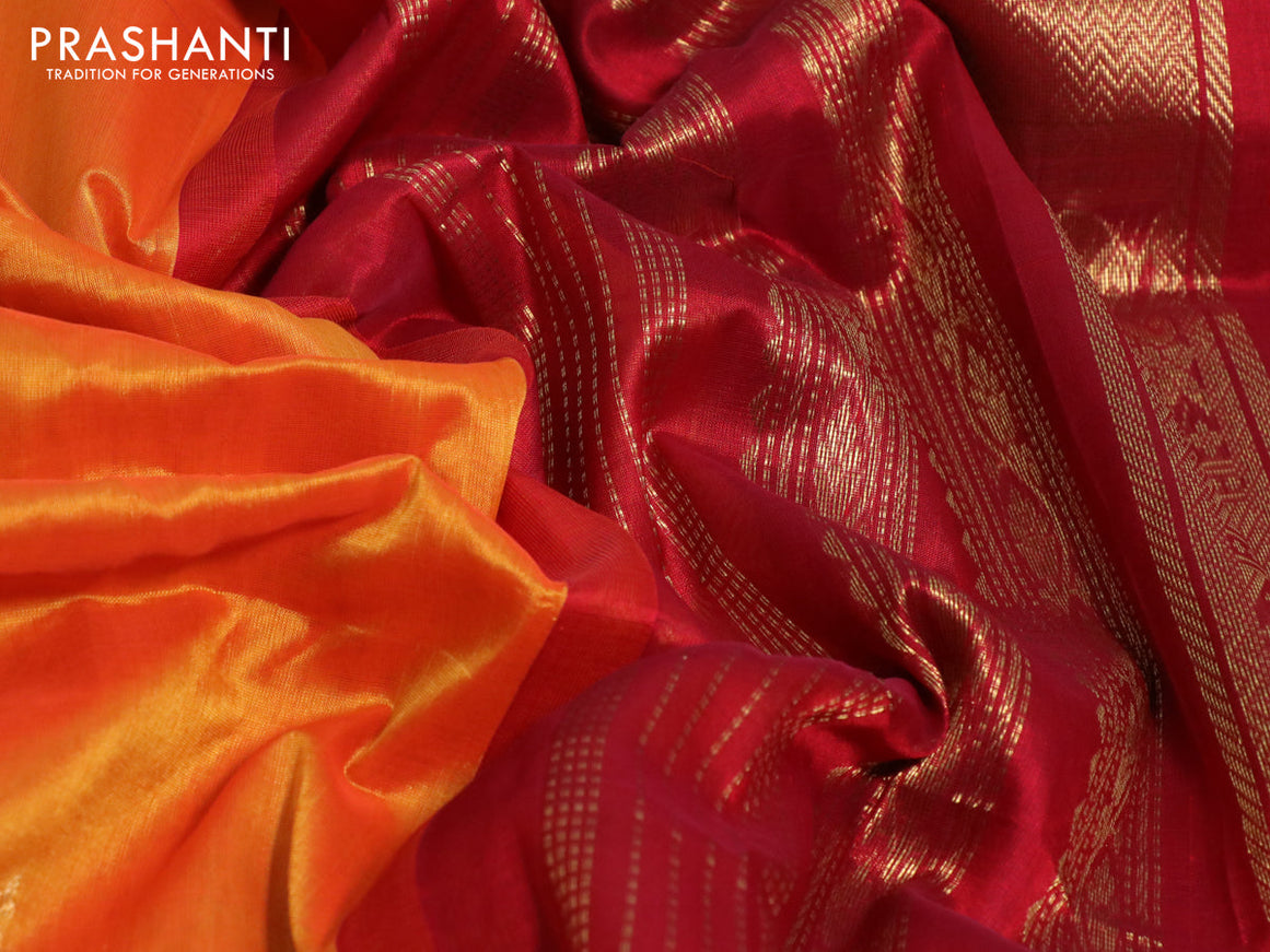 Silk cotton saree mango yellow and maroon with plain body and rettapet zari woven korvai border