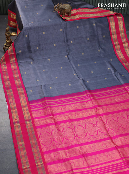 Silk cotton saree grey and pink with zari woven buttas and rettapet zari woven korvai border