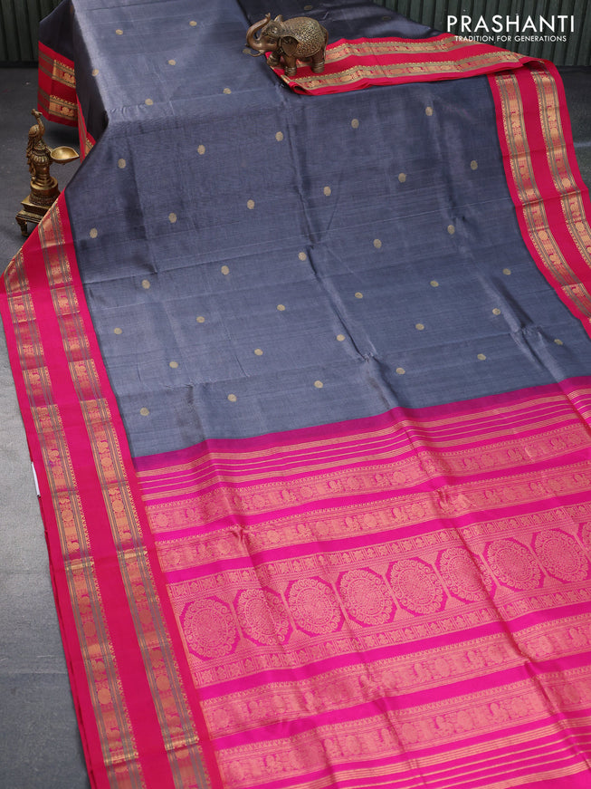 Silk cotton saree grey and pink with zari woven buttas and rettapet zari woven korvai border