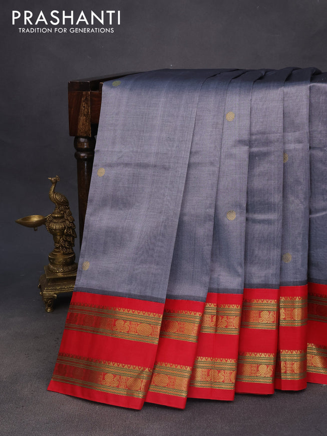 Silk cotton saree grey and red with zari woven buttas and rettapet zari woven korvai border