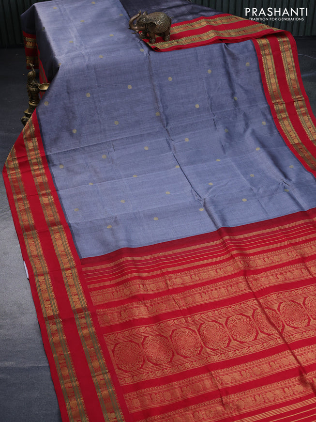 Silk cotton saree grey and red with zari woven buttas and rettapet zari woven korvai border