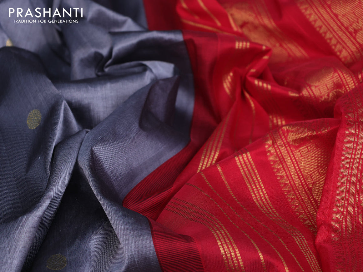 Silk cotton saree grey and red with zari woven buttas and rettapet zari woven korvai border