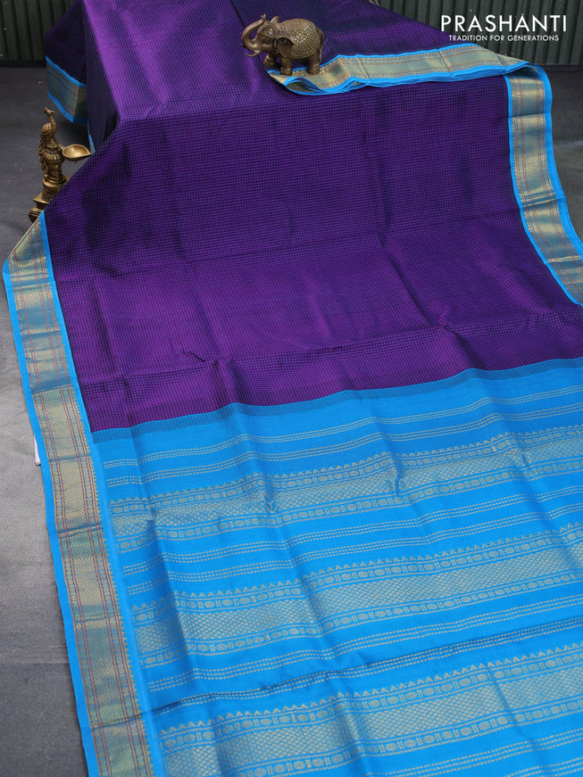 Silk cotton saree deep violet and cs blue with allover checked pattern and zari woven korvai border