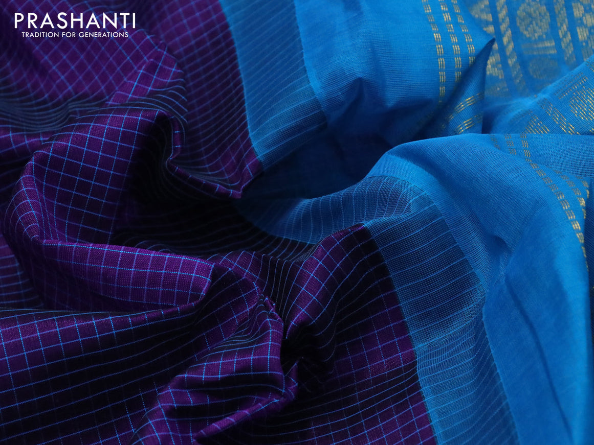 Silk cotton saree deep violet and cs blue with allover checked pattern and zari woven korvai border