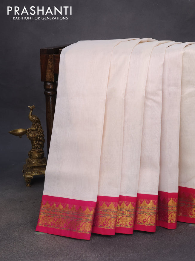 Silk cotton saree off white and pink with plain body and zari woven korvai border