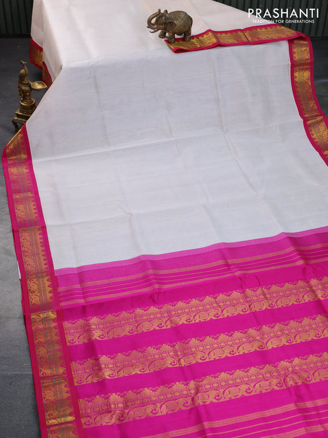 Silk cotton saree off white and pink with plain body and zari woven korvai border