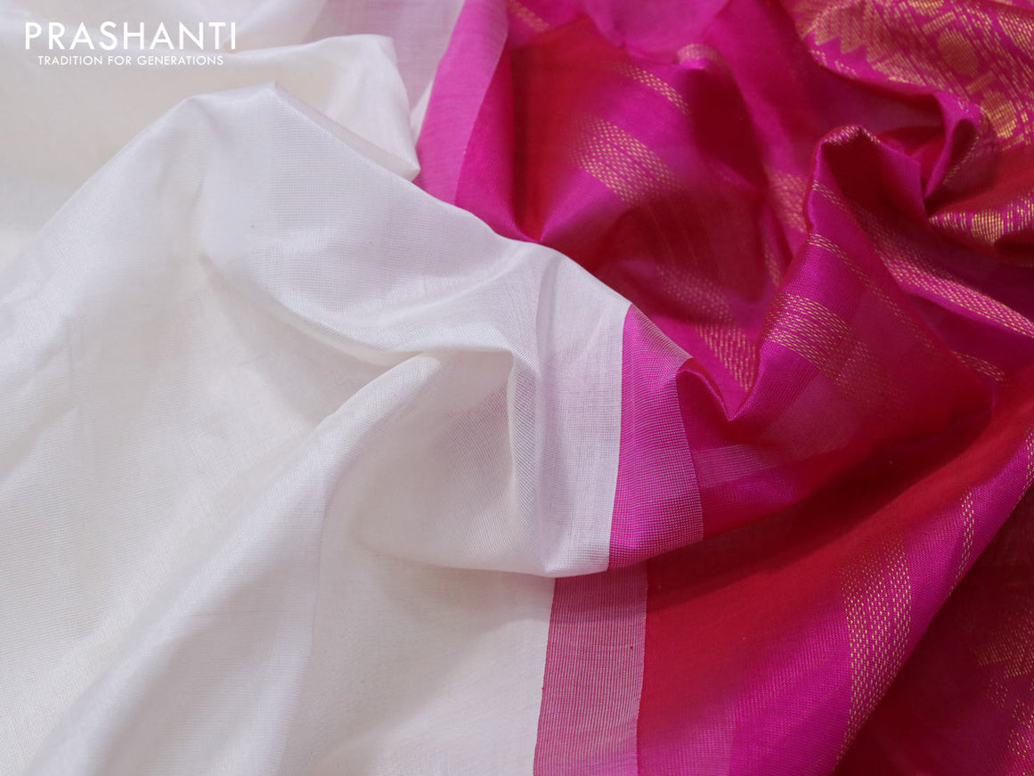 Silk cotton saree off white and pink with plain body and zari woven korvai border