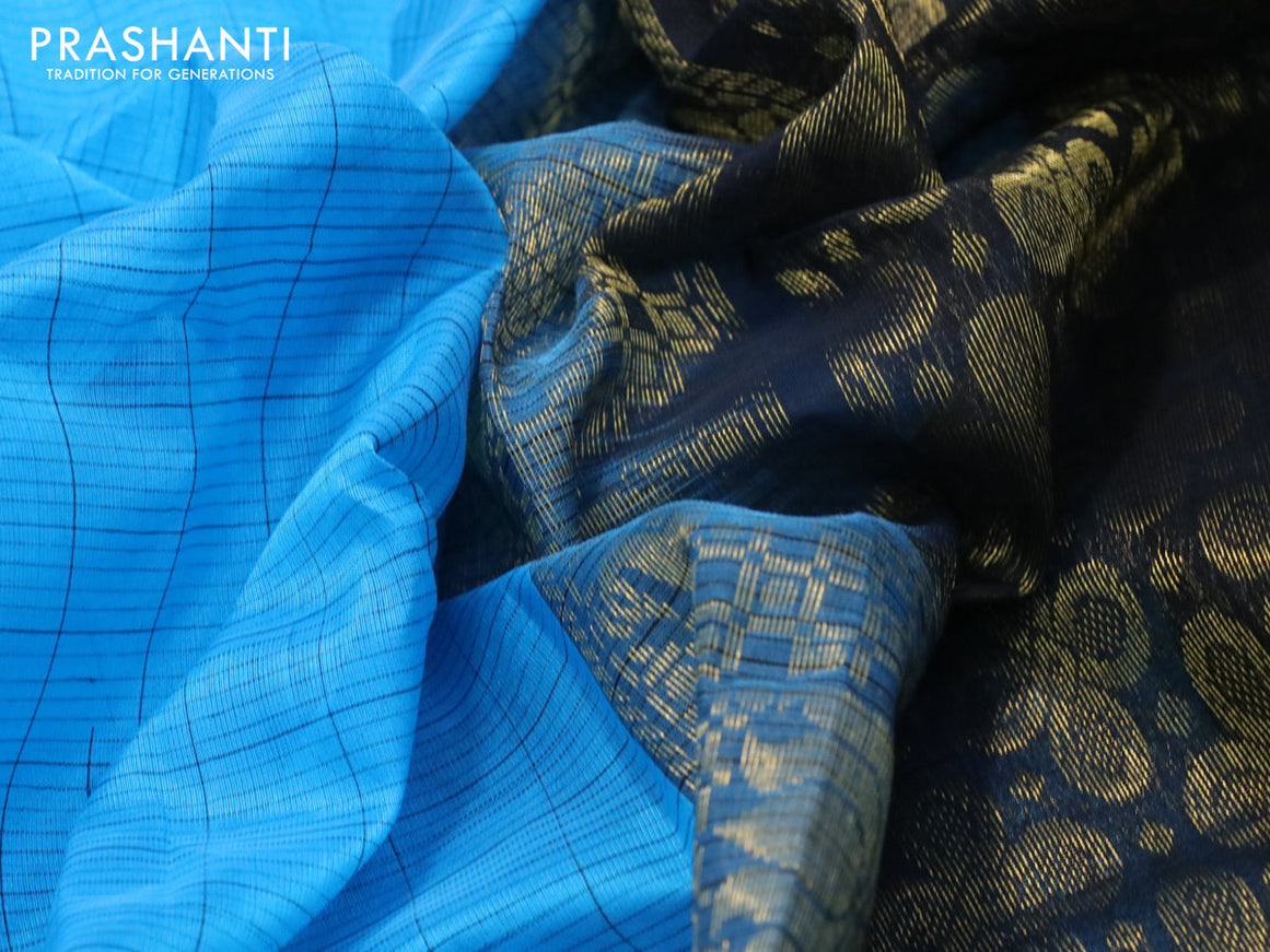 Silk cotton saree blue and black with allover checked pattern and temple design zari woven korvai border