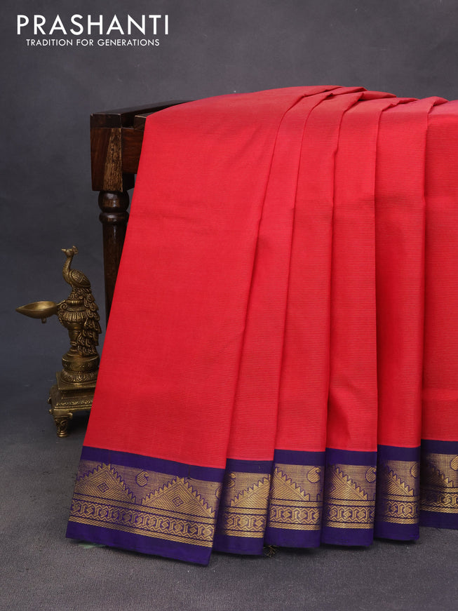 Silk cotton saree red and blue with allover vairosi pattern and zari woven korvai border