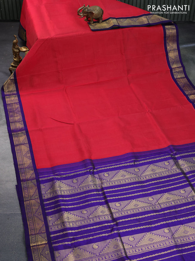 Silk cotton saree red and blue with allover vairosi pattern and zari woven korvai border